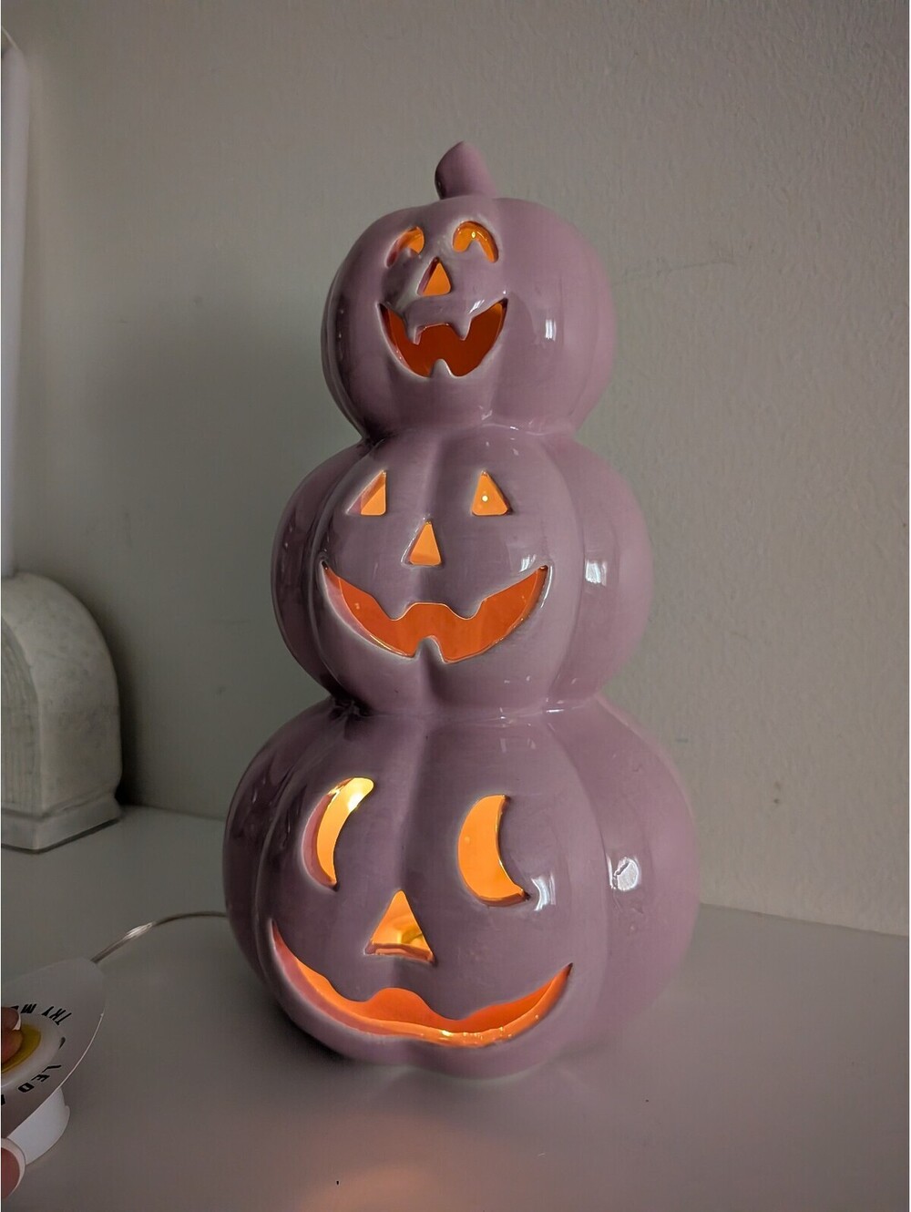NWT lavender ceramic triple-stacked jack-o'-lantern light-up by Martha Stewart